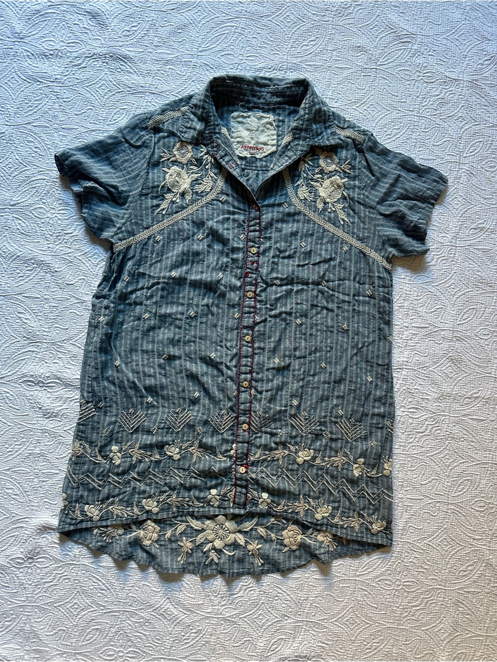 Johnny Was Blue Embroidered Short-Sleeve Button Down Shirt